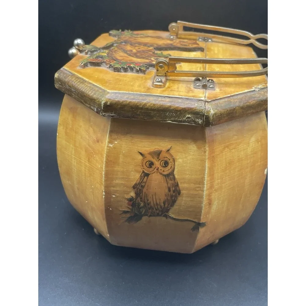 Rare Vintage 1960s-1970s Owl Wood Decoupage Purse